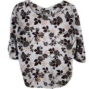 Susina Floral Roses Flutter Sleeve Gray Rayon Lightweight Office Casual Top L